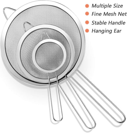 3Pcs Super Wire Extra Fine Mesh Strainer with Handle, Small Medium Large Size Sifter Metal Strainer Set