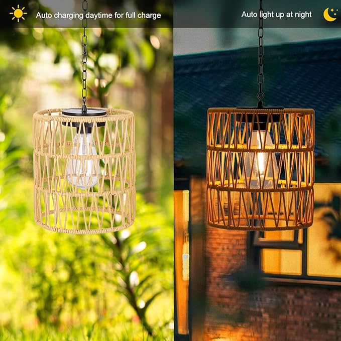 Livinlarge Solar Chandelier Lantern,Outdoor Rattan Pendant Lights,Waterproof Boho Hanging Lamps with Edison Bulb for Gazebo Tree Porch Yard Porch Patio Garden Backyard Decor