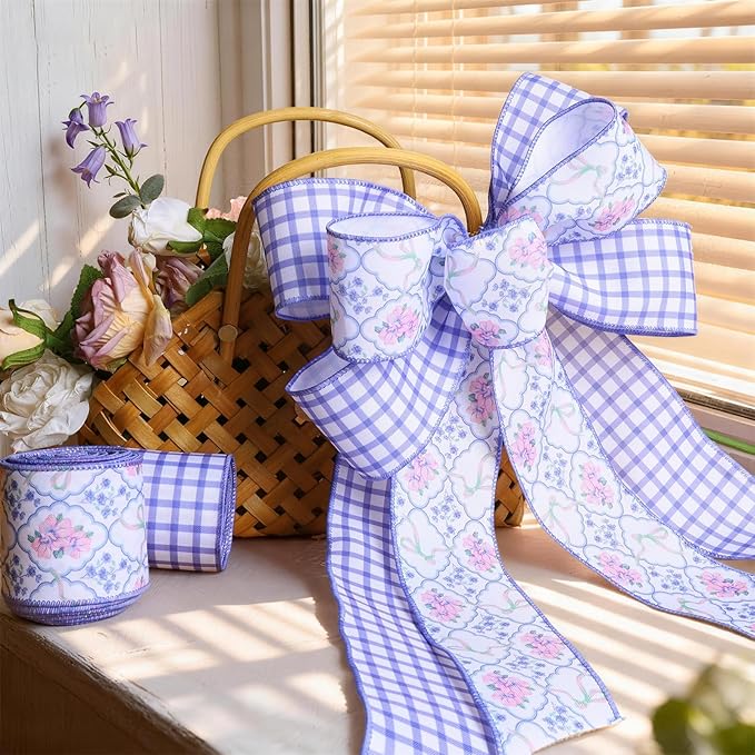LaRibbons Floral Ribbon Wired 2.5 Inch x 6 Yards, 2 Rolls Purple Flower & Gingham Ribbon Set for Spring Wreaths, Gift Wrapping, Bow Making, Home Decor