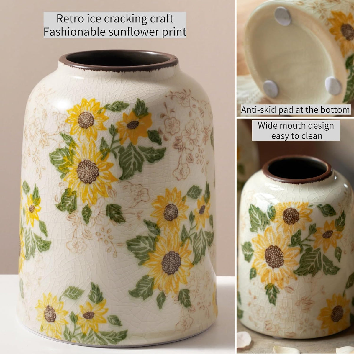 Vintage Ceramic Vase, 7.9 Inch Chinoiserie Sunflower Yellow Floral Vases, Retro Ice Cracked Rustic Antique Flower Vases for Modern Coffee Table Home