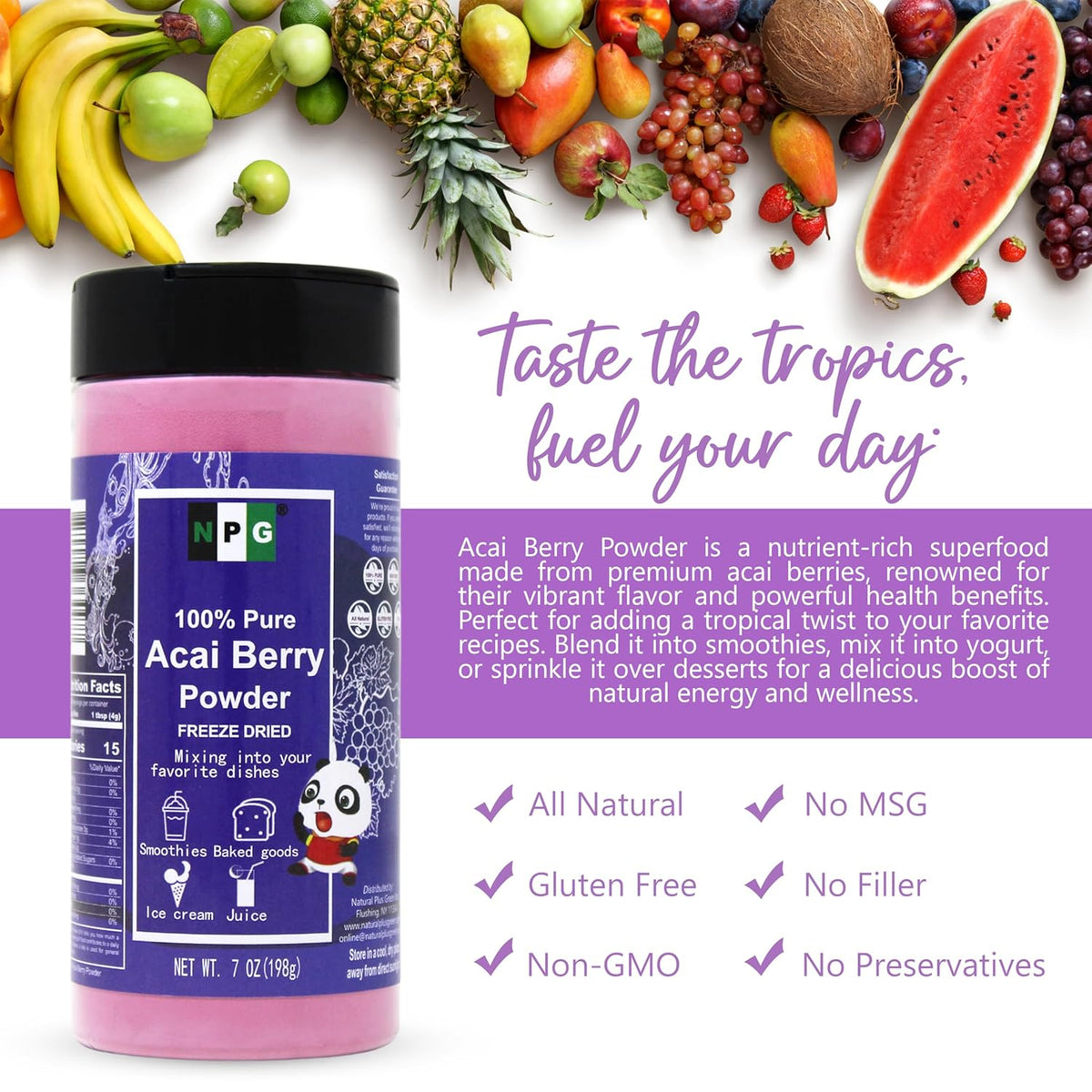 NPG Freeze-Dried Acai Berry Powder 7 Oz, Seedless Superfood with a Fine Powder Texture for Smoothies, Drinks, and Natural Food Coloring, Non-GMO