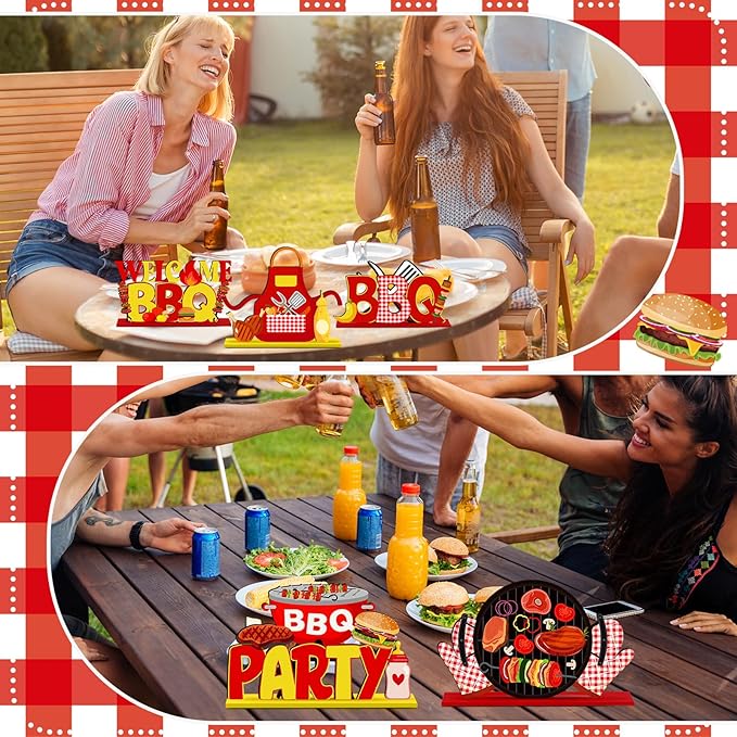 Pickmesh 6 Pcs BBQ Wooden Table Centerpieces BBQ Wood Tabletop Signs Barbecue Themed Party Decorations Home Decoration Birthday Baby Shower Decorations for Summer Carnival Party Picnic Supplies
