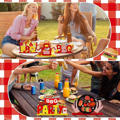 Pickmesh 6 Pcs BBQ Wooden Table Centerpieces BBQ Wood Tabletop Signs Barbecue Themed Party Decorations Home Decoration Birthday Baby Shower Decorations for Summer Carnival Party Picnic Supplies
