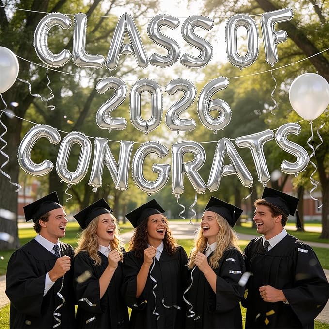 Silver Class of 2026 Congrats Balloons, 2026 Graduation Decorations 16inch Congrats Grad Foil Balloons Banner Sign for Class of 2026 College High School Graduation Prom Party Backdrop Supplies
