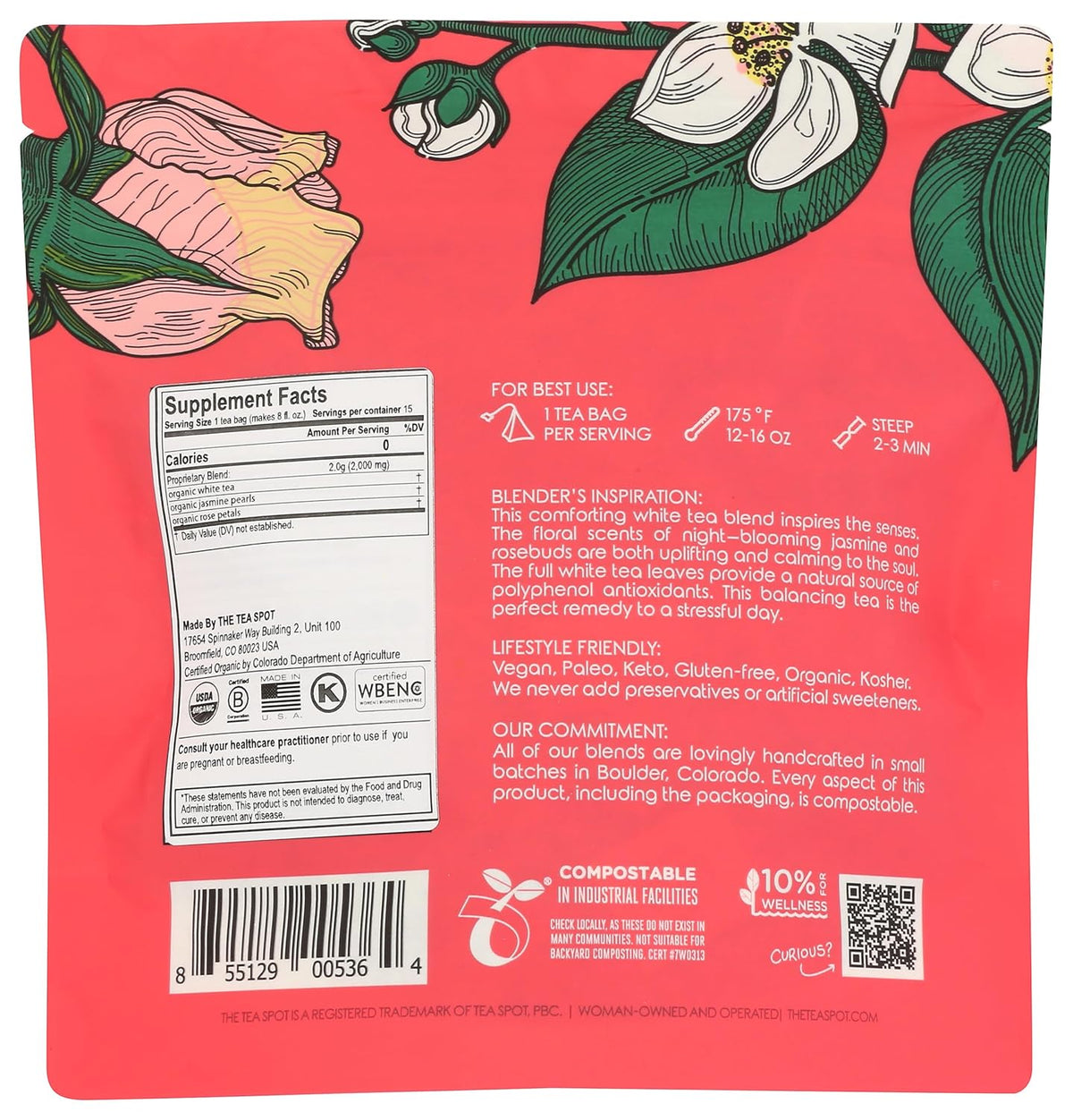 The Tea Spot Organic Meditative Mind Herbal Tea, Blend of White Tea, Jasmine and Rose, Calming & Welness Caffeine Free Elixir