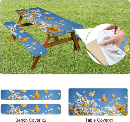 ANNA QUEEN 6FT Daisy Spring Picnic Table Cover with Bench Covers Picnic Table Cover Set 3PCS 72"x30", Outdoor Bench and Tablecloth Furniture Protection