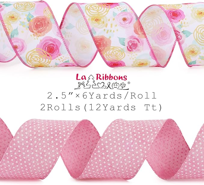 LaRibbons Pink Floral Ribbon Wired 2 Rolls 2.5 Inch x 20 Yards TTL, Rose Flower and Polka Dot Burlap Ribbon for Spring Summer Mothers Day Crafts Gift Wrapping Wreath Bow Decoration