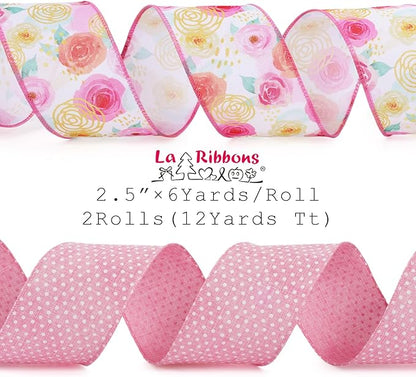 LaRibbons Pink Floral Ribbon Wired 2 Rolls 2.5 Inch x 20 Yards TTL, Rose Flower and Polka Dot Burlap Ribbon for Spring Summer Mothers Day Crafts Gift Wrapping Wreath Bow Decoration