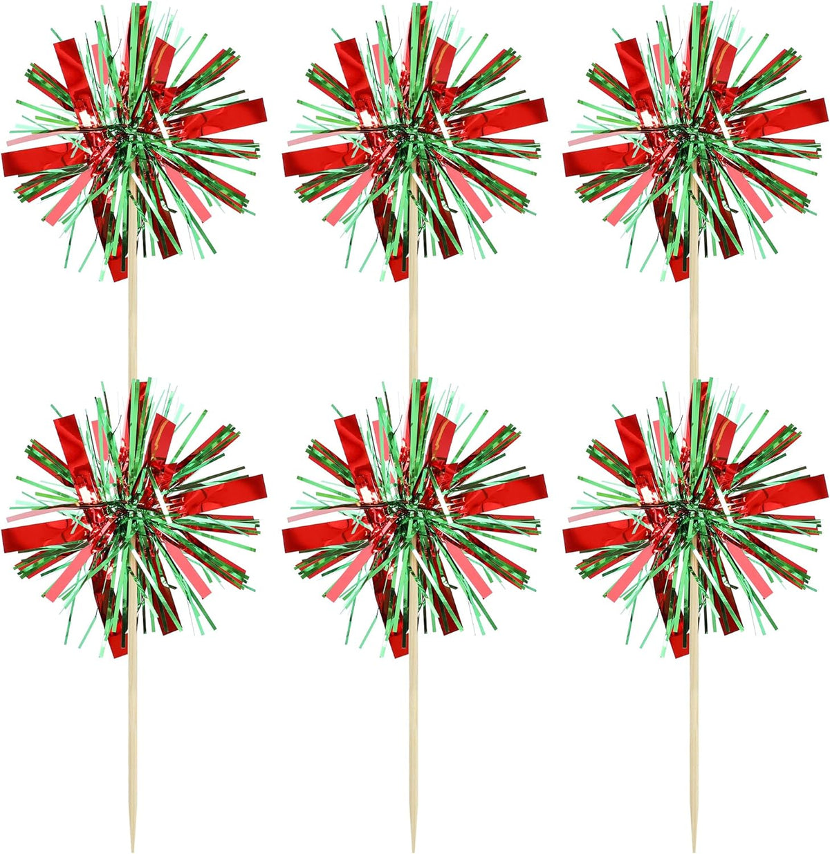 Gyufise 20Pcs Foil Firework Cupcake Toppers Happy Birthday Cake Toppers Tinsel Flower Drink Stirrers Cocktail Food Fruit Toothpicks for Valentine's Day Party Birthday Wedding Supplies Green Red