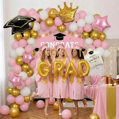 Pink White Gold Graduation Decorations 2026 - 130Pcs Graduation Balloon Garland Arch Kit with GRAD Foil Balloons, Crown, Star and Cap Balloons for Class of 2026 Girls Senior Prom Party Supplies