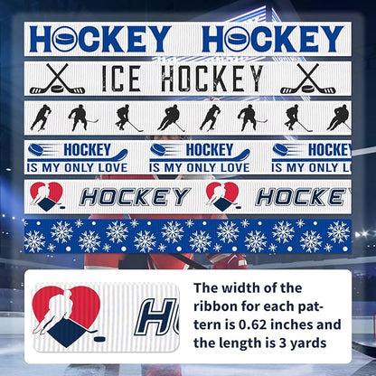 Hockey Ribbon, 6 Pack (5/8 Inch x 3 Yards Each), Ice Hockey Grosgrain Ribbons, Sports Player Silhouette Pattern with Snowflake Design for Hair Bow,Team Party Decorative, Sports Gift Wrapping