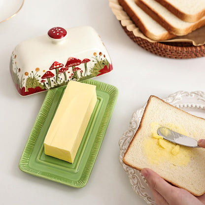 Fungi Fun Mushroom Butter Dish With Lid – Cute Cottagecore Ceramic Storage Container, Vintage French Covered Tray, Boho Farmhouse Kitchen Decor Gift, Unique Countertop Holder (White, Standard)