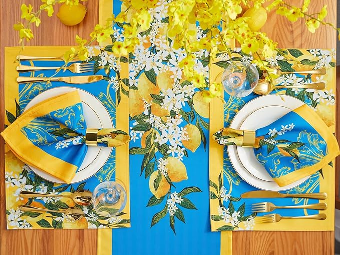 YiHomer Provence Blue Lemon Mediterranean Tile Tabletop for Spring Summer Decorations, Picnics and Dinner Parties - Indoor Outdoor, Stain and Water Resistant, Table Runner, 14 x 72