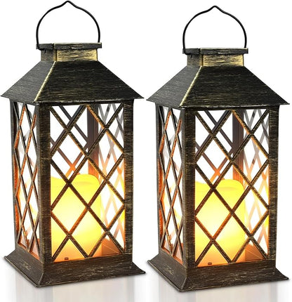 Solar Lanterns Outdoor Waterproof - 2 Pack 14" Large Hanging Solar Lantern with Glass Flickering Flame, IP65 Weatherproof Decorative Lanterns for Garden, Patio, Yard, Porch, Balcony, Gifts Mom Wife