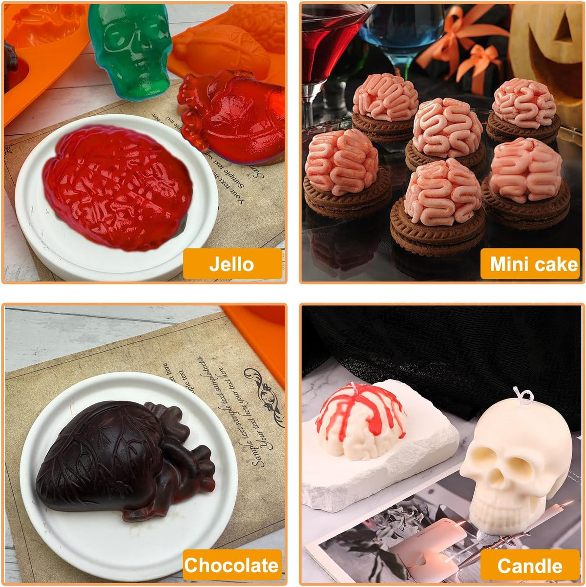 2 Pack Brain Heart Skull Cake Mold, 3D Human Organ Brain Jello Mold Halloween Silicone Molds Heart Skull Brain Chocolate Mold for Halloween Baking