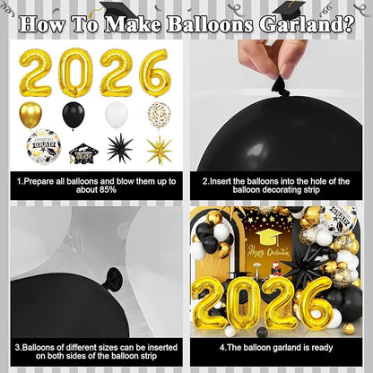 Graduation Balloons Garland Arch Kit, Graduation Balloons Class of 2026, Black and Gold White Latex Balloon with Foil Balloon for Class of 2026 Party Decor