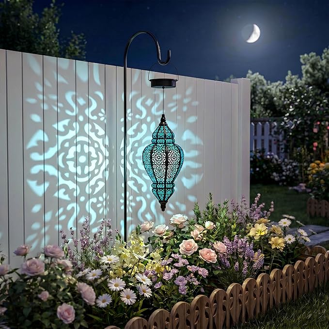 Moroccan Hanging Solar Lights Outdoor Lantern Bidirectional Availabili Garden Decor Waterproof Plastic Blue Decorations for Patio Pathway Yard Backyard Solar Powered Garden Decorative (Black, 1)