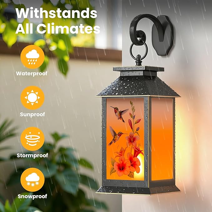 2 Pack Hanging Solar Lanterns, Hummingbird Flame Lantern, Outdoor Waterproof Upgraded Solar and 2 AA Batteries Powered, for Outside Porch, Patio and Indoor Tables, Mantelpiece.