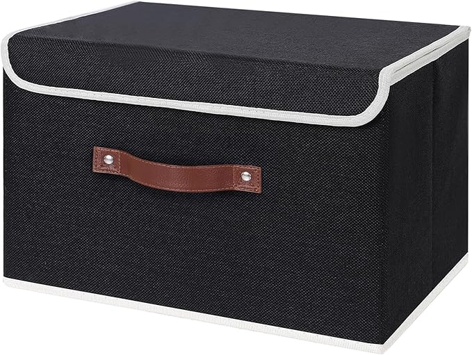 ANMINY Storage Bin with Lid Storage Boxes with PU Leather Handles PP Plastic Board Decorative Foldable Lidded Cotton Linen Fabric Home Cubes Baskets Closet Organizer Container - Black, Large Size
