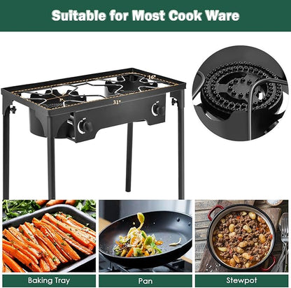 Goplus Outdoor Camping Stove, Dual Burner Propane Gas Cooker w/Detachable Legs & 0-20 PSI Regulator & CSA Approval for Camp Patio RV, Cast Iron, 150,000-BTU