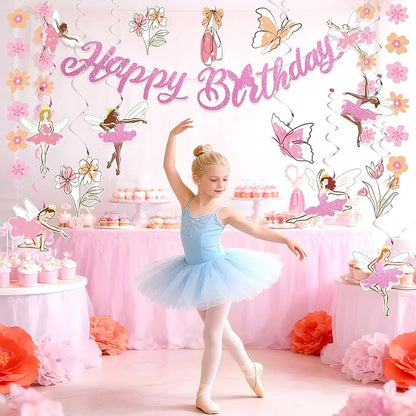 SUNBEAUTY Ballerina Birthday Party Decorations Pink Ballet Girls Happy Birthday Banners Ballet Themed Hanging Banner Flower Garland Wall Ceiling Decor for Girls Tutu Dance Party Supplies
