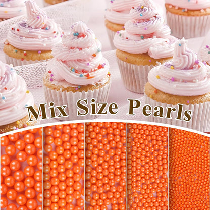 Twisweet Orange Pearl Sprinkles for Cake Decorating, Edible Sugar Pearls for Baking, Mix Size, Cake Topper Cupcake Cookie Ice Cream Dessert Decorations, Halloween Birthday Autumn Party Supplies (130g/4.58oz)