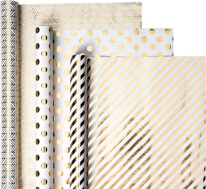 WRAPAHOLIC Gold Birthday Wrapping Paper Roll - Mini Roll - 3 Rolls - 17 Inch x 120 Inch Per roll - Gold Design for Birthday, Baby Shower, Wedding, Party, Holiday