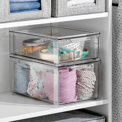 mDesign Plastic Closet Organizer Bin w/Pull Out Drawer - Stackable Storage for Closet - Organization for Shoes, Clothes, Bags, Totes, Small Linens, and More - Lumiere Collection - 2 Pack - Clear