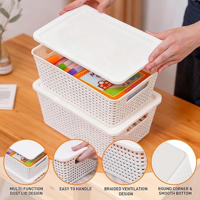 Plastic Storage Baskets With Lid, Storage Bins for Organizing, Stackable Decorative Containers for Shelves Drawers Desktop Closet Playroom Classroom Office, 6 Pack- White