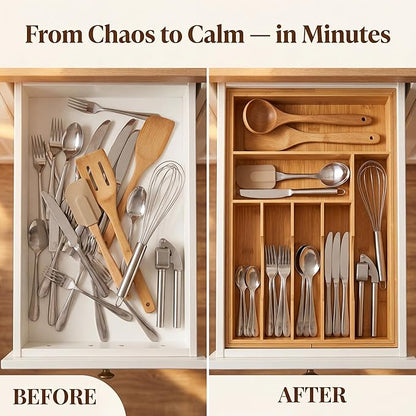 Liviys Cutlery Drawer Organizer for Kitchen Utensils, 13-20 Inches Expandable Bamboo Utensil Tray, Large Wooden Silverware Organizer Insert for Kitchen Drawers