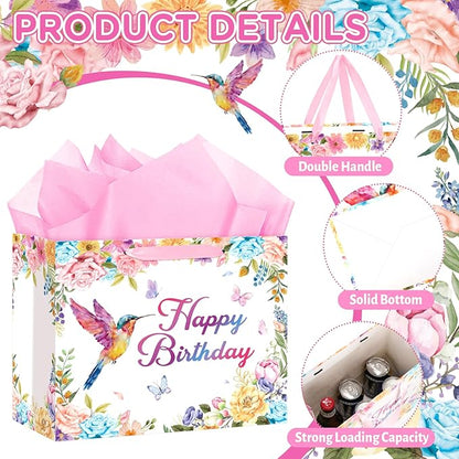Hummingbird Birthday Gift Bag with Wrapping Paper and Greeting Card Floral Hummingbird Party Supplies Happy Birthday Classroom Party Wrapping Paper Bag for Women Girls Flower Bird Party Decorations