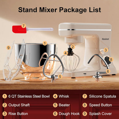 10-Speed Stand Mixer with 8-in-1 Splash Guard, Tilt-Head, 6QT Stainless Steel Bowl + Dishwasher-Safe Dough Hook/Whisk/Beater/Spatula for Baking Bread, Cakes, Cookies, Beige
