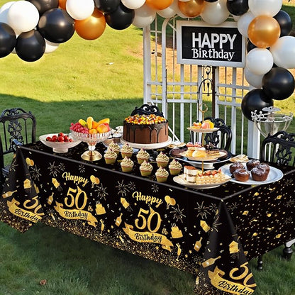 NatNarr 3 Pack 50th Birthday Plastic Tablecloth, 54x108 Inch Black Gold Disposable Rectangle Table Cover Waterproof Table Cloth for Birthday 50 Anniversary Party Supplies