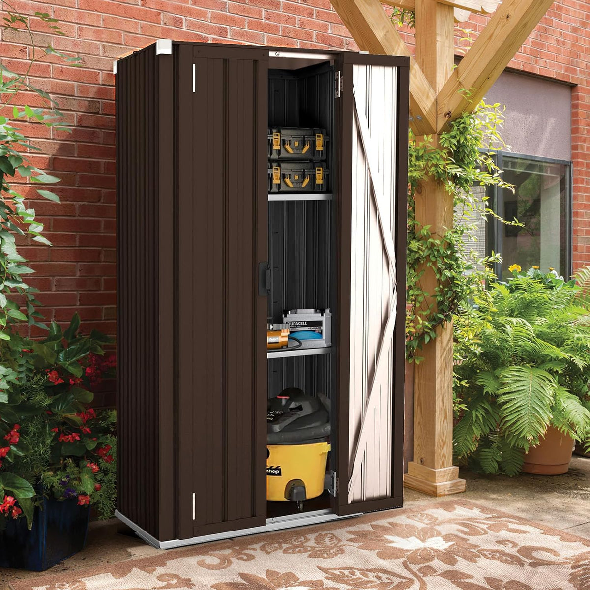 AECOJOY Outdoor Storage Cabinet Waterproof with Shelves, Vertical Tall Garden Outdoor Cabinet, Sheds & Outdoor Storage Clearance Cabinet Weatherproof for Outside in Brown
