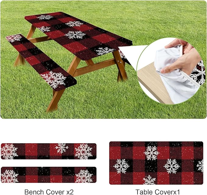 ANNA QUEEN 6FT Winter Christmas Snowflakes Picnic Table Cover with Bench Covers Picnic Table Cover Set 3PCS 72"x30", Waterproof Outdoor Bench and Tablecloth Furniture Protection for Camping