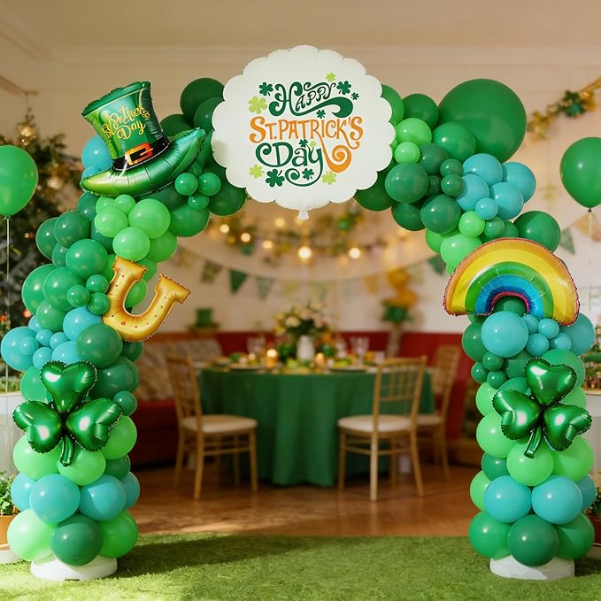 160Pcs St Patricks Day Green Balloons Arch Garland Kit with Lucky Shamrock Clover/Hat/Rainbow/Horseshoe Jumbo foil balloons for Saint Patrick's Day Irish Festival Party Decorations