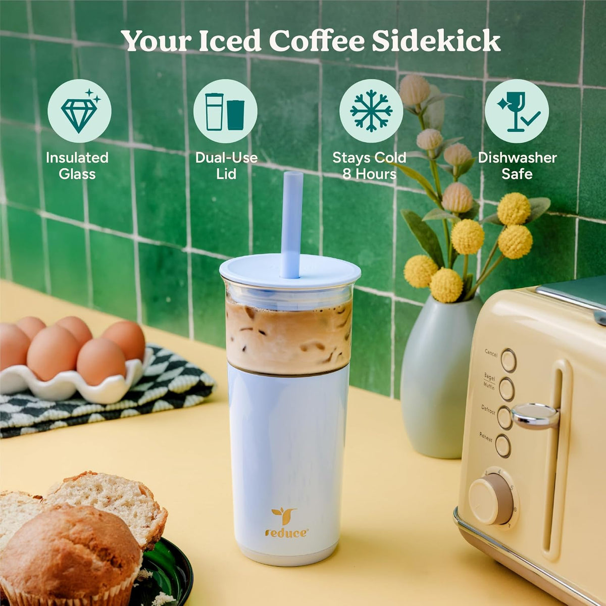 REDUCE Aspen 20 oz Vacuum Insulated Glass Tumbler with Lid & Extra Wide Straw - Keeps Drinks Cold for 12 Hrs - Ideal for Iced Coffee, Smoothies & Boba - Dishwasher Safe, Soft Base - Glacier