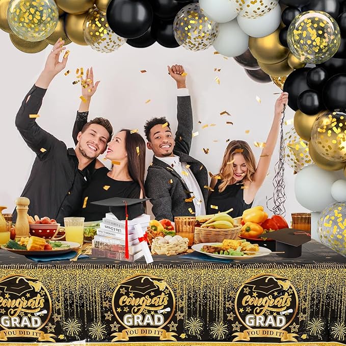 Graduation Decorations 2026, Black and Gold Balloon Garland Arch, Black and Gold Graduation Decorations with Congrats Grad Tablecloth and Class of 2026 Backdrop for High School College Grad Party