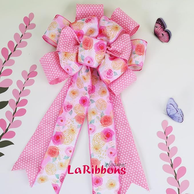 LaRibbons Pink Floral Ribbon Wired 2 Rolls 2.5 Inch x 20 Yards TTL, Rose Flower and Polka Dot Burlap Ribbon for Spring Summer Mothers Day Crafts Gift Wrapping Wreath Bow Decoration