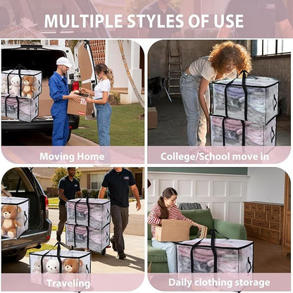 6 Pack Moving Bags Heavy Duty, Extra Large Moving Bags, Moving Supplies, Storage Bags with Handles and Zippers, Waterproof Totes for Storage Space Saving Packaging Shipping and Travel(Clear）