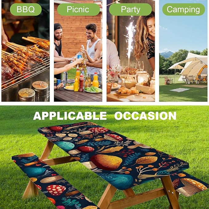 ANNA QUEEN 6FT Mushrooms Picnic Table Cover with Bench Covers Picnic Table Cover Set 3PCS 72"x30", Outdoor Bench and Tablecloth Furniture Protection