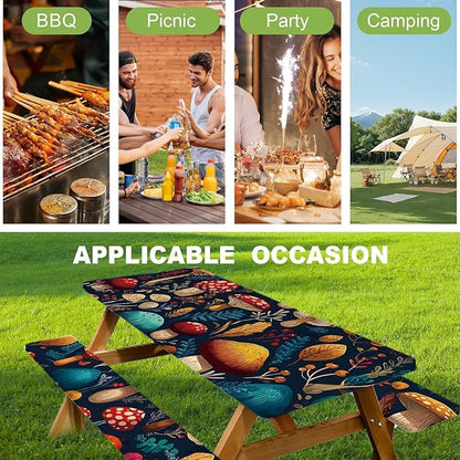 ANNA QUEEN 6FT Mushrooms Picnic Table Cover with Bench Covers Picnic Table Cover Set 3PCS 72"x30", Outdoor Bench and Tablecloth Furniture Protection