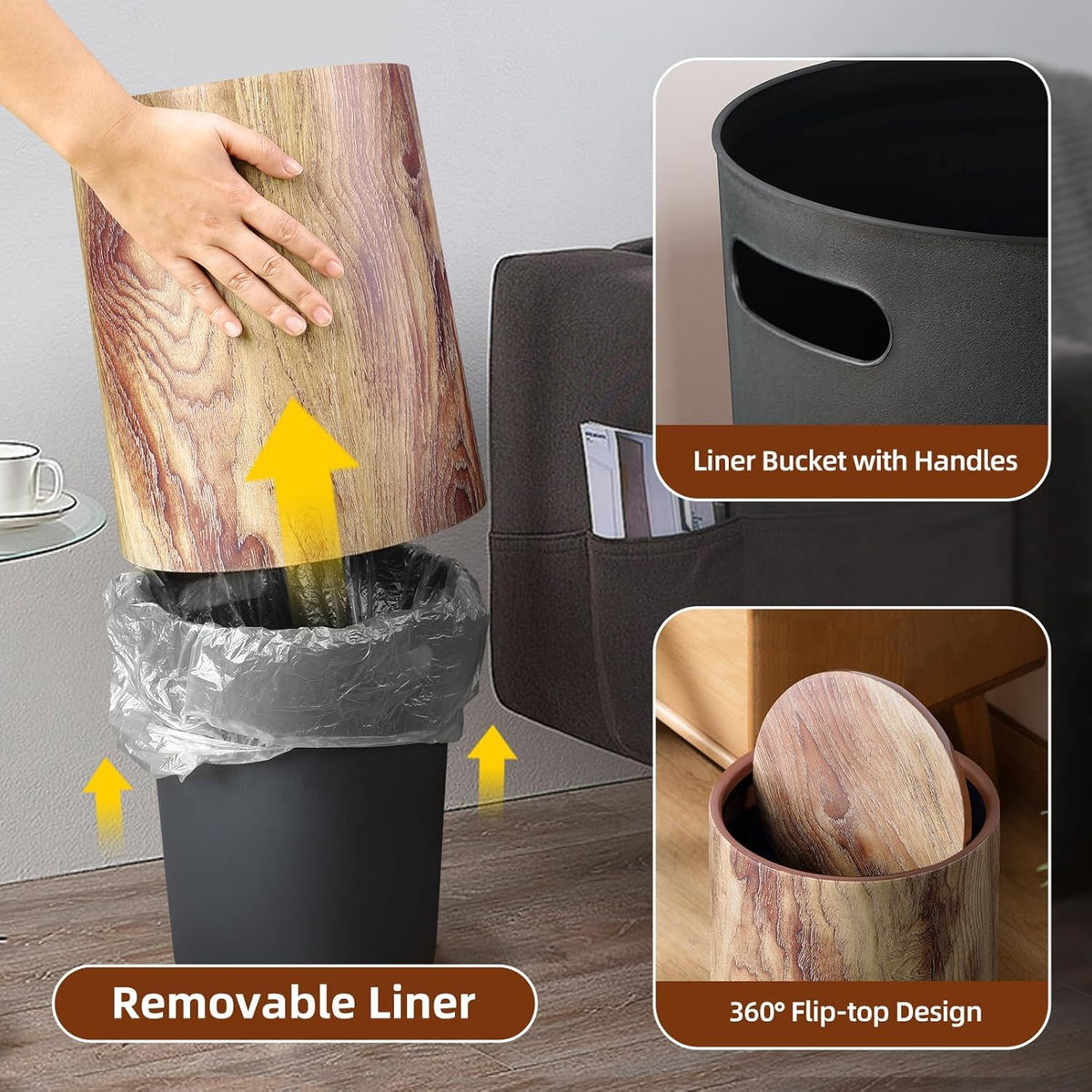 Wood Grain Plastic Trash Can Swing Top Lid, 4Gal/15L Farmhouse Wastebasket Bin Retro Style with Inner Bucket, Bathroom Trash Can Hidden Bag for Room Aesthetic, Round Brown Garbage Can 2pack