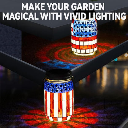 VOREEN Solar Powered Mosaic Mason Jar Lights, Colorful Stained Glass Lanterns for Outdoor Garden Decor, 2 Pack ,National Flag