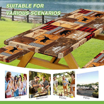 JAWO Rustic Cabin Style Picnic Table Cover with Bench Covers, Elastic Fitted Tablecloth, Lumberjack Buffalo Plaid & Bear Deer Adventure Pattern for Camping, Hunting Trips, 96x30 Inch