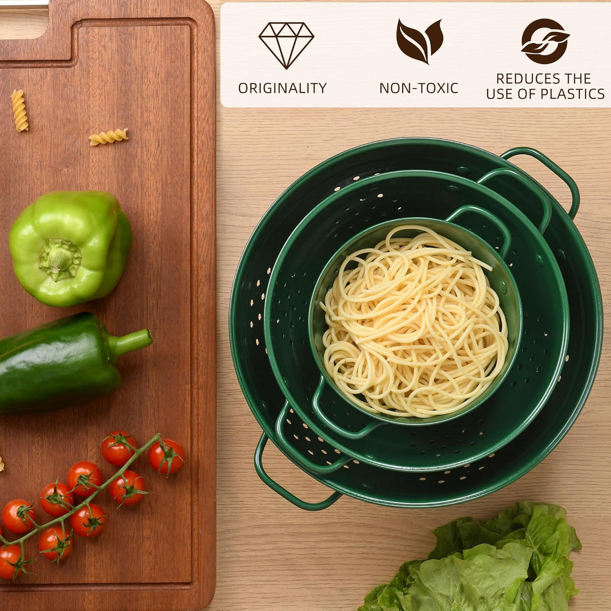 Metal Colander Set of 3, Strainer Basket with Handles perfect for Spaghetti, Pasta, Berry, Vegetable, Fruit, Solid Base Powder Coated Kitchen Essential Strainer Set, 1 & 3.5 & 5 Qt (Dark Green)