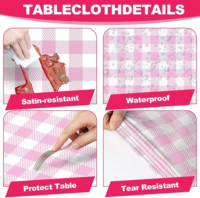 6 Pack Pink and White Checkered Tablecloth, 54 X 108Inch Plastic Red Gingham Table Cloth Waterproof Red Checkered Table Cover for Easter Mother's Day Wedding Birthday Anniversay Baby Bridal Shower