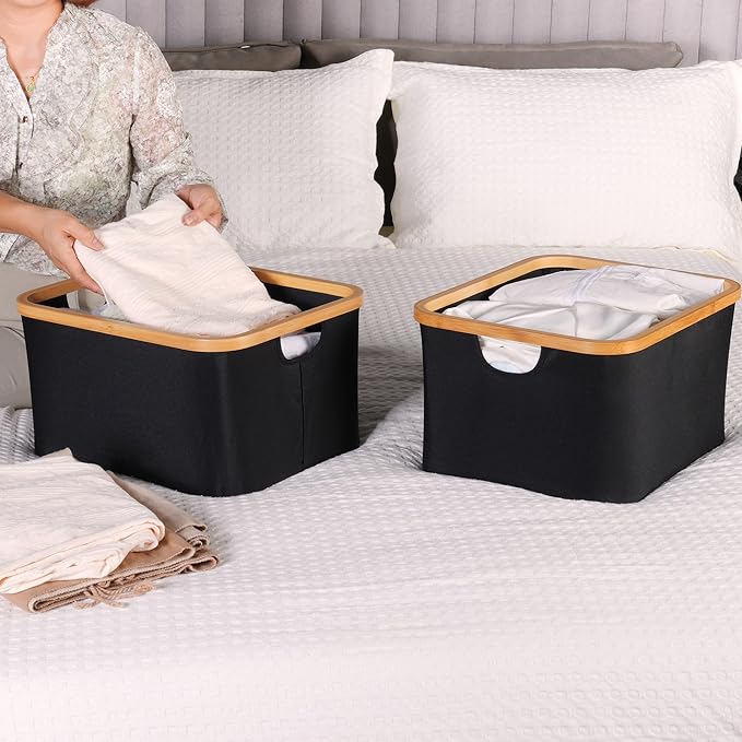 efluky Storage Baskets for Organizing, Fabric Storage Bins with Bamboo Handles, Collapsible Storage Baskets for Shelves and Closet (Black, 16.2'' x 13'' x 9.1'')