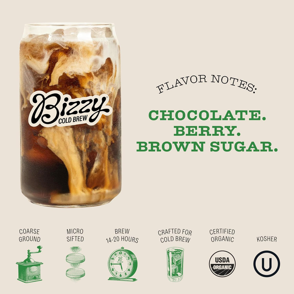 Bizzy Organic Cold Brew Coffee, Espresso Blend, Coarse Ground Coffee, Medium-Dark Roast, Micro Sifted, Specialty Grade, 100% Arabica, 1 LB