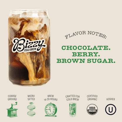 Bizzy Organic Cold Brew Coffee, Espresso Blend, Coarse Ground Coffee, Medium-Dark Roast, Micro Sifted, Specialty Grade, 100% Arabica, 1 LB